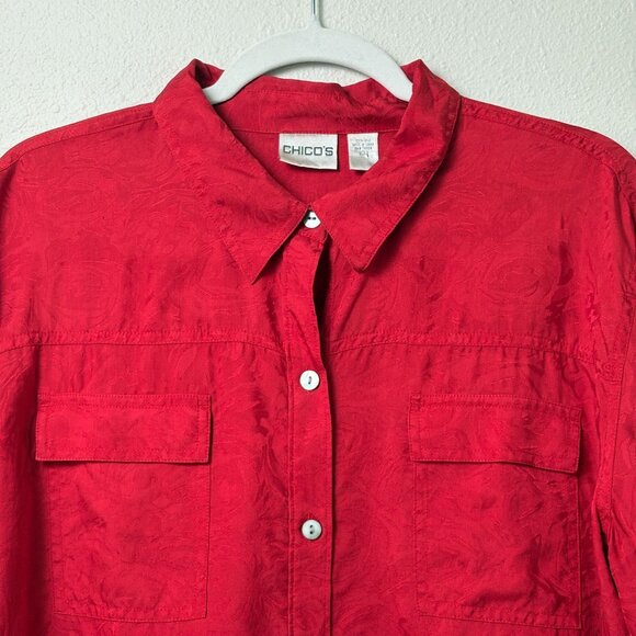 Chicos Button Front Top Size 3 XL Red 100% Silk Textured Print Long Sleeve - Picture 2 of 10